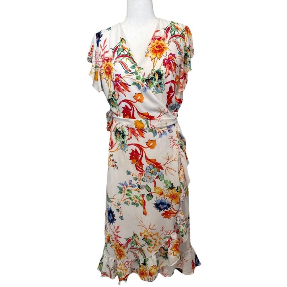 New York & Company White Floral Ruffle Wrap Dress Women's Size M Hawaiian